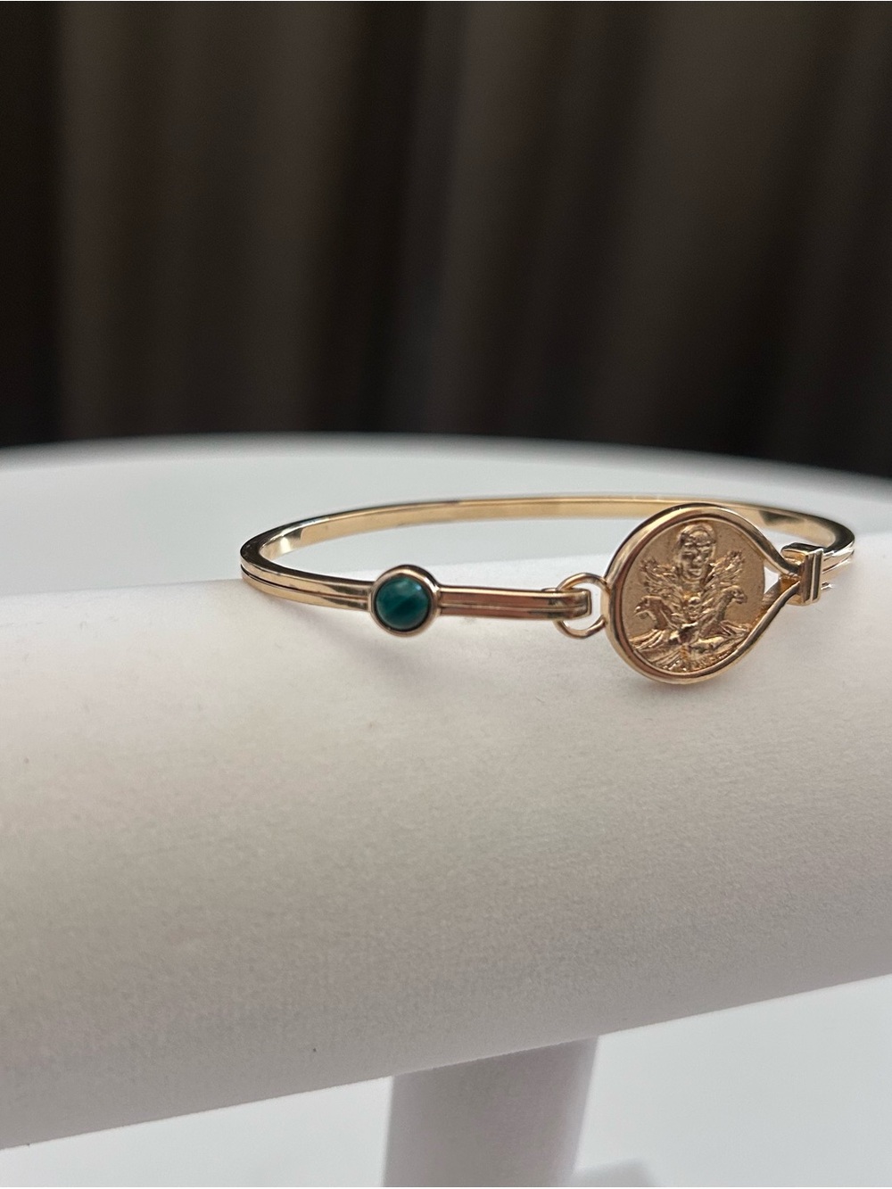Awe Inspired Morrigan Gold Medallion Bangle Bracelet with Malachite Stone - Picture 2 of 6
